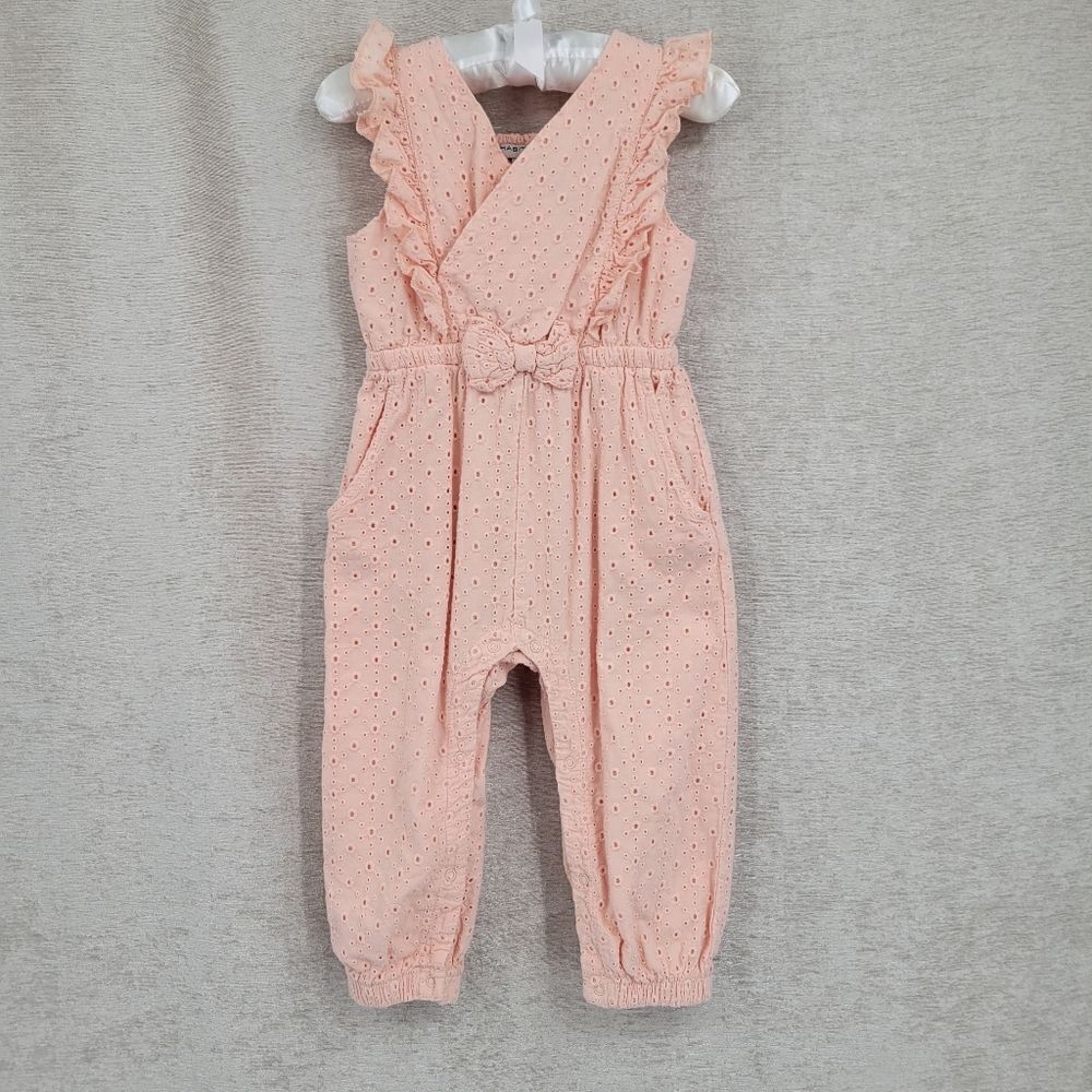 Habitual Girl Peach Cotton Eyelet Smocked Jumpsuit Sleeveless Ruffled Shoulder